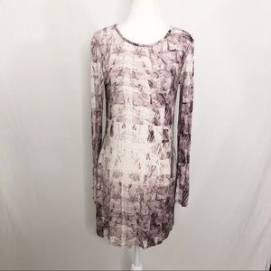 Three Dots Long Sleeve Mini Dress, Size Small, Purple Geometrical Design